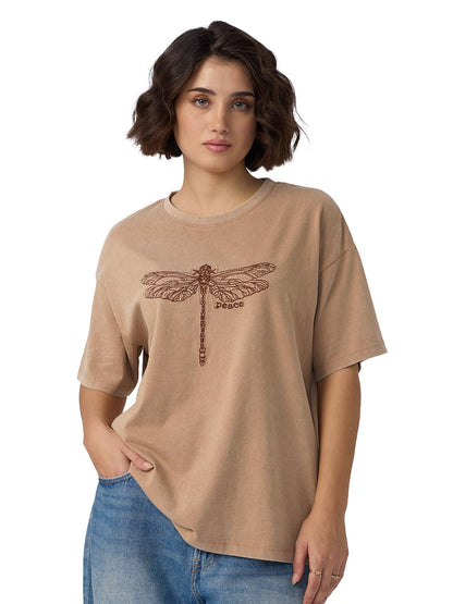 The Souled Store Dragonfly Peace Women and Girls Short Sleeves Round Neck Brown Embroidered Cotton Oversized T-Shirts