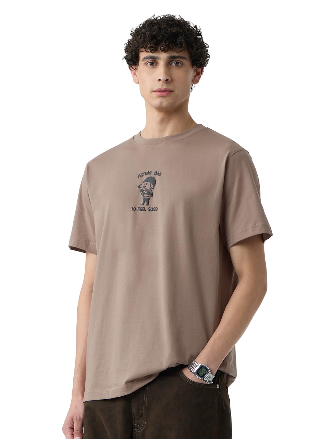 The Souled Store Relaxed T-Shirt: Acting Bad Men and Boys Short Sleeves Round Neck Brown Graphic Printed Cotton Relaxed Fit T-Sh