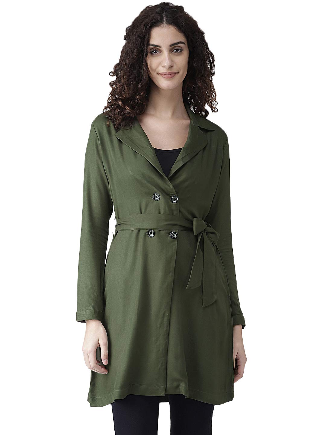 Style Quotient Women Solid olive viscose rayon smart casual Trench Coat