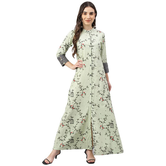 idaLia Sage Green Printed A Line Cotton Kurta