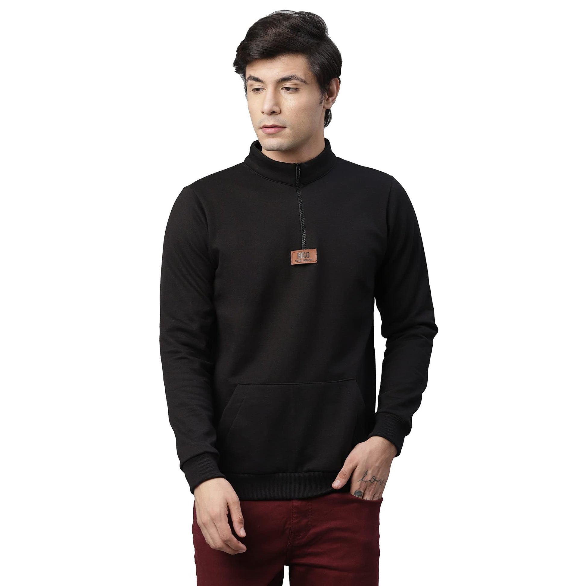 RIGO Mens Black Solid Full Sleeves High Neck Half-Zip Stand Collar Cotton Fleece Sweatshirt