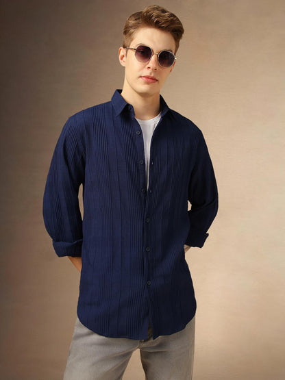 Dennis Lingo Men Relaxed Fit Polyester Full Sleeves Solid Textured Casual Shirts Navy Blue