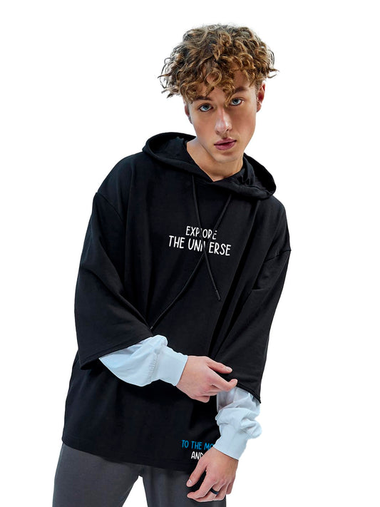 Bewakoof Mens Graphic Printed Super Loose Fit Full Sleeve Hooded Terry Hoodies_625420_Black_XL