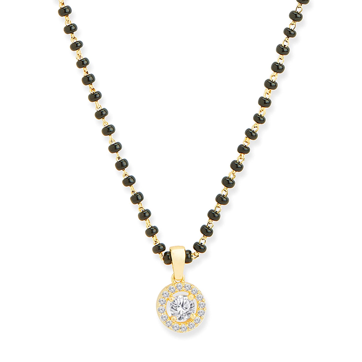 MINUTIAE Stylish Solitaire Mangalsutra Pendant Necklace Black Beads For Women With Extendable Chain (Gold)