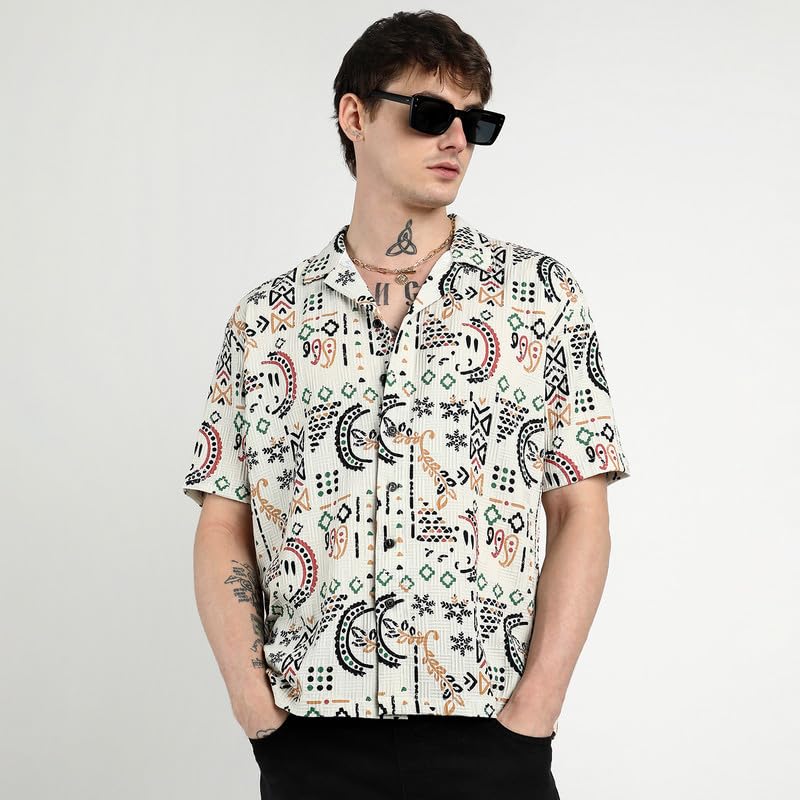 Campus Sutra Mens Off-White Oversized Bohemian Shirt for Casual Wear | Cuban Collar | Short Sleeve | Button Closure | Shirt Cra
