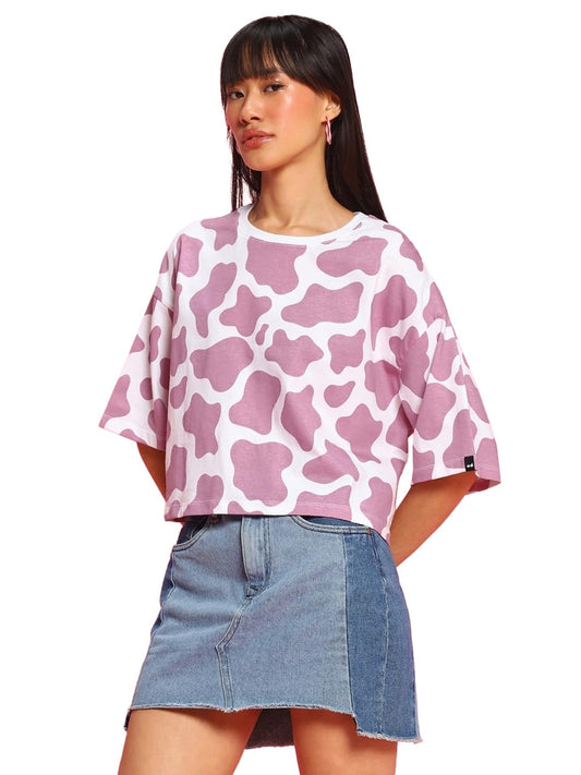 Bewakoof Womens Camouflage Oversized Fit Half Sleeve Round Neck Cotton Short Top_580341_White_XL