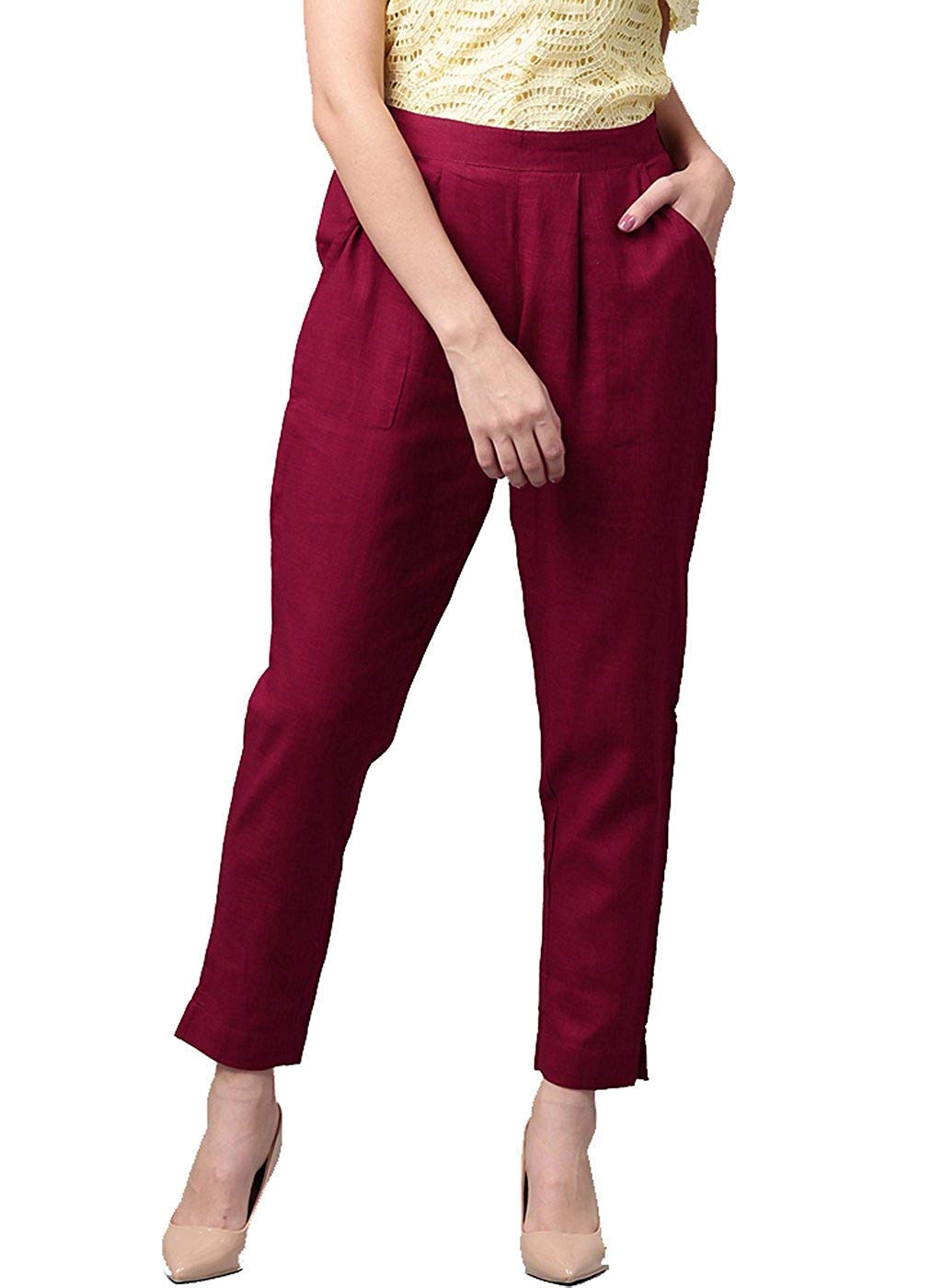 Digital Shopee Women Regular Fit Elastic Waist Full Length Cotton Formal Trouser For Casual Wear, Office Wear Maroon