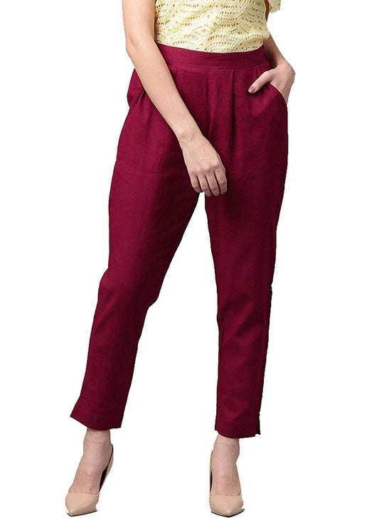 Digital Shopee Women Regular Fit Elastic Waist Full Length Cotton Formal Trouser For Casual Wear, Office Wear Maroon