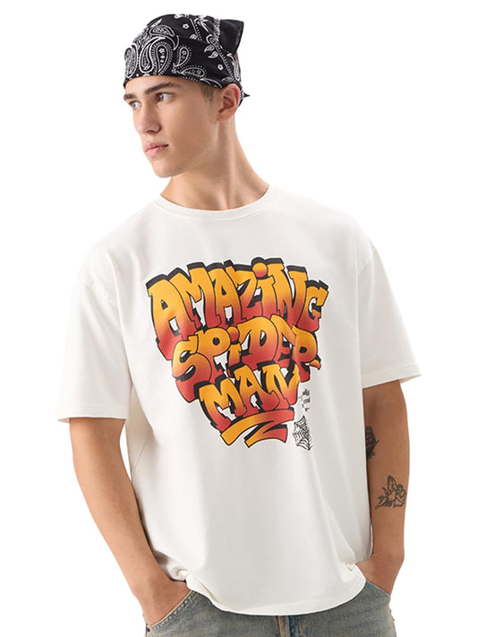 The Souled Store Official Spider-Man: Amazing Spiderman Men and Boys Marvel Short Sleeve Round Neck White Graphic Printed Cotton
