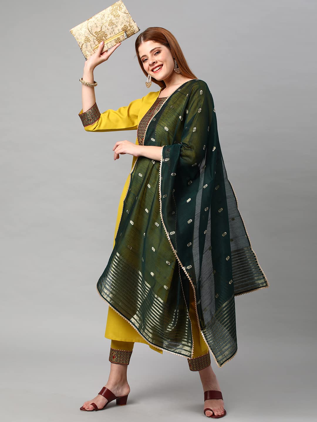 ANNI DESIGNER Women's Cotton Blend Solid Kurta and Pant with Dupatta Set (Start-MUSTRED)
