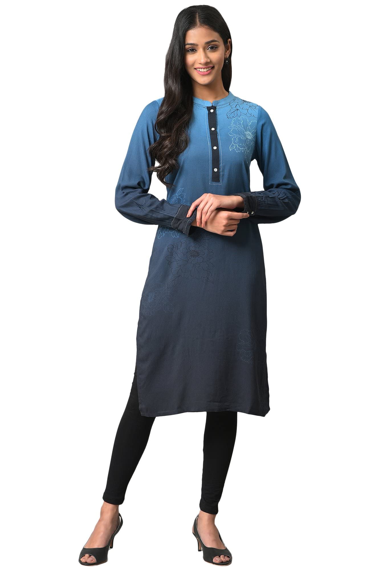 Aurelia Women Navy Peony Rayon Floral Printed Straight Kurta