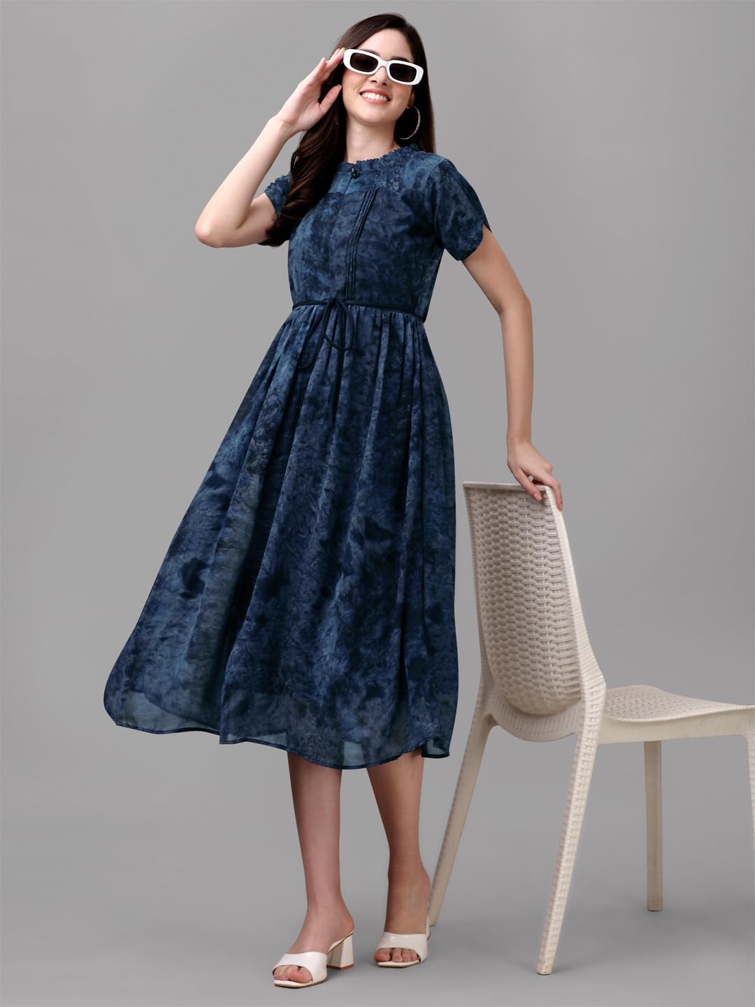 Gufrina WomenS Georgette Midi Dress With Short Sleeves Abstract Printed High Round Neck Knee Length Regular Fit And A Line Styl
