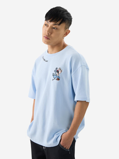 The Souled Store Official Popeye: Seas The Day Men and Boys Short Sleeves Round Neck Blue Graphic Printed Cotton Oversized T-Shi
