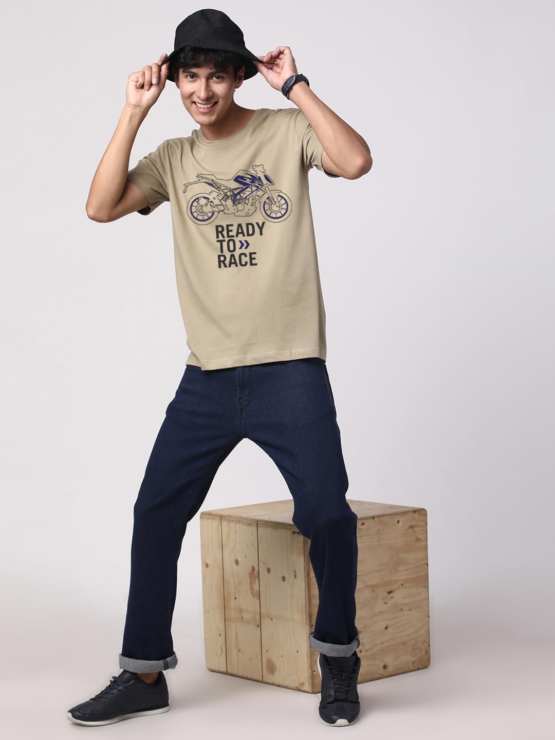 ADRO Men's Biker Design Printed 100% Cotton T-Shirt - Regular Fit, Printed T-Shirts for Men (RN24-KTM-BE_Beige)