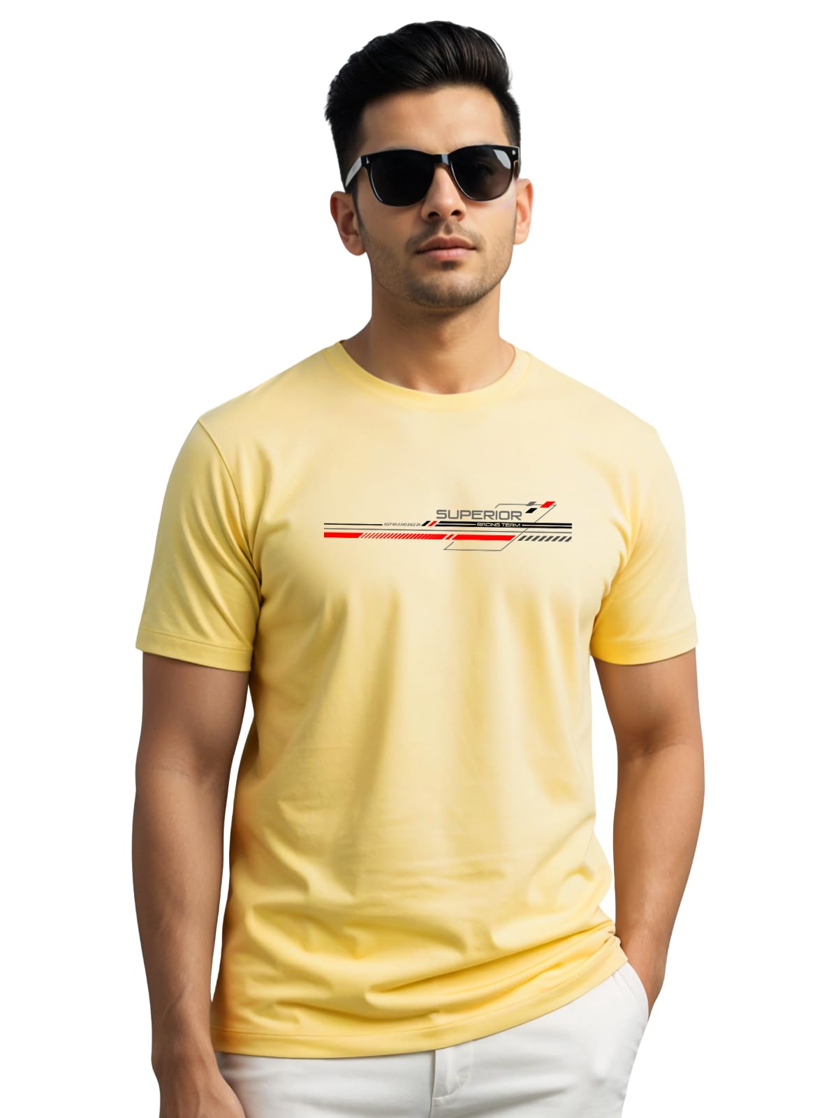 ADRO Men's Graphic Printed 100% Cotton T-Shirt - Regular Fit, Printed T-Shirts for Men (RN24-RAC-LY_Light Yellow)