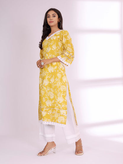Varanga Women Ethnic Floral Printed Flared Sleeve Kurta Yellow