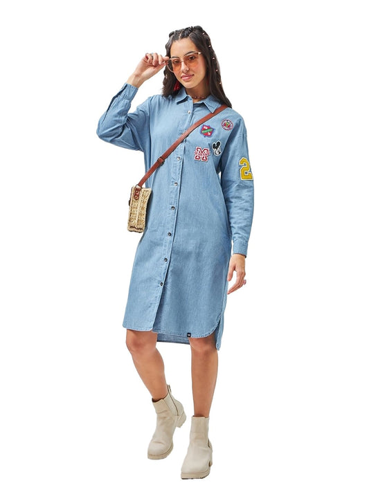 Bewakoof Official Disney Merchandise WomenS Graphic Print Oversized Fit Full Sleeve Collared Denim Dress 603341 Blue Xl