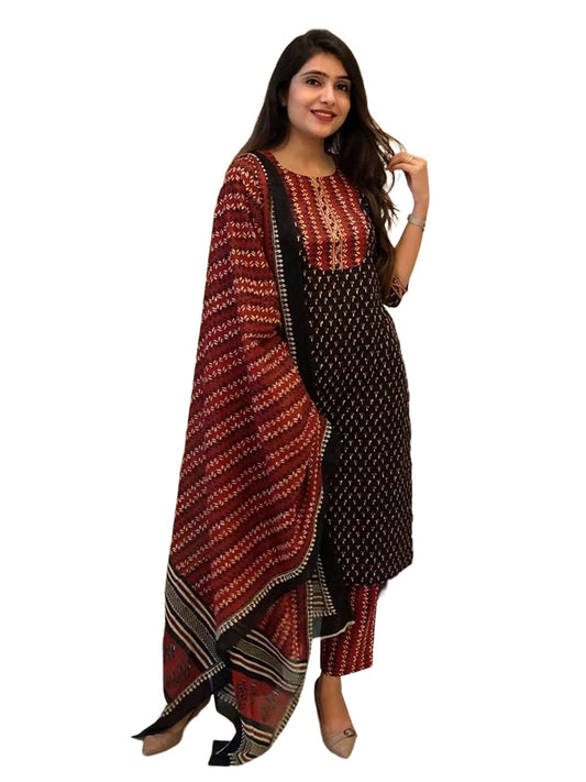 Pinkmint Women'S Cotton Blend Kurta Set L Stylish Printed Straight Kurta With Pant & Dupatta L Fancy Ethnic Set Black