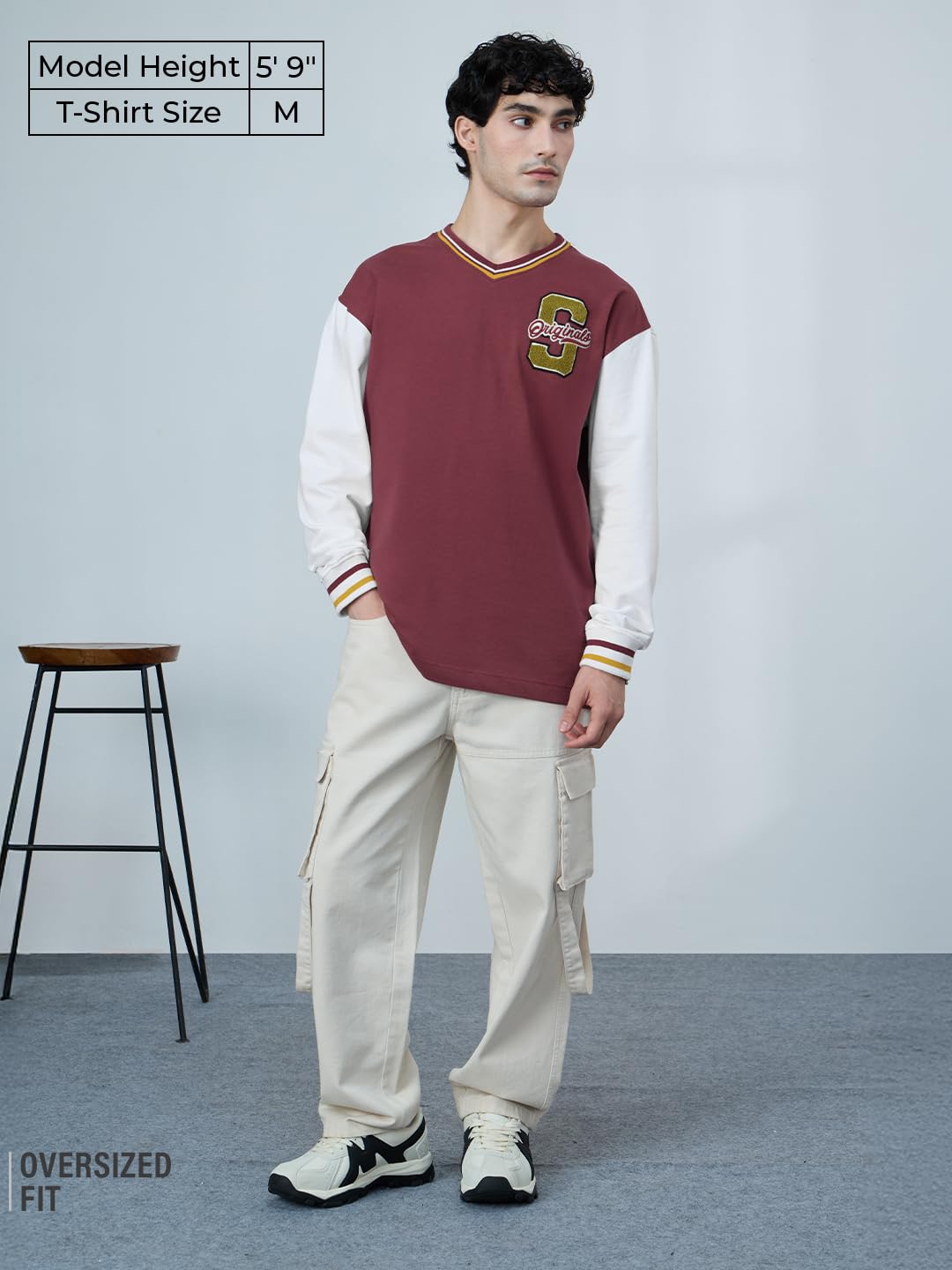 The Souled Store Originals: Scarlet Men and Boys Full Sleeves V Neck Maroon Embroidered Cotton Oversized T-Shirts