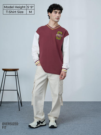 The Souled Store Originals: Scarlet Men and Boys Full Sleeves V Neck Maroon Embroidered Cotton Oversized T-Shirts