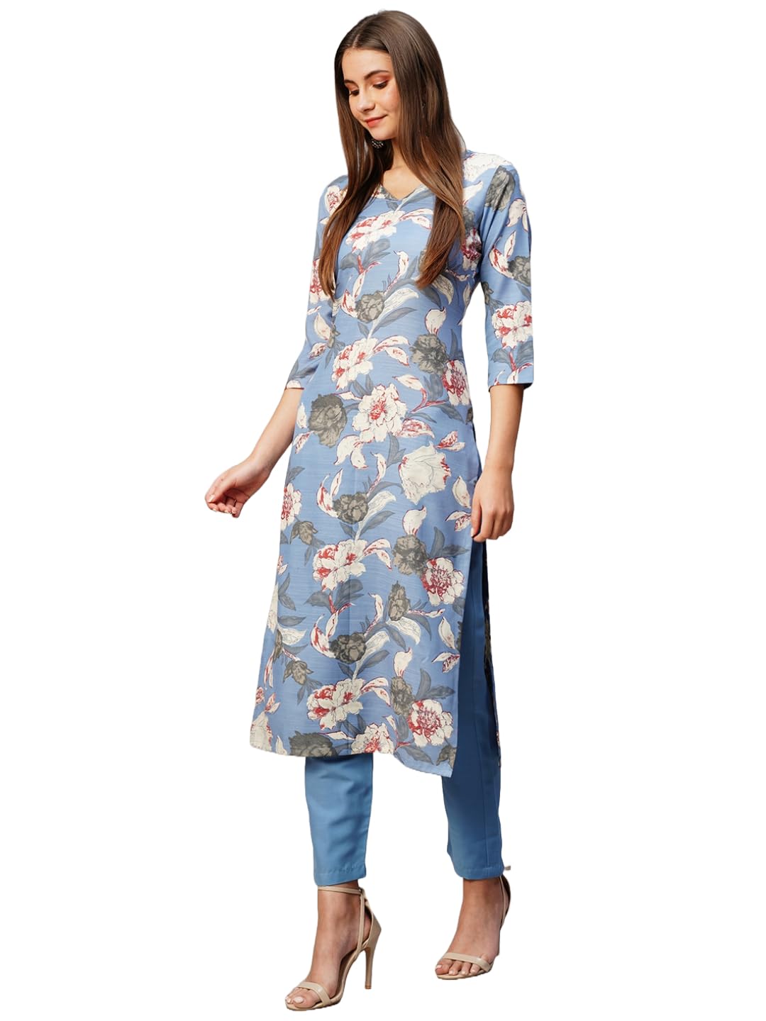 ANNI DESIGNER Womens Rayon Straight Printed Kurta with Pant Set (DHUN-Blue-KSV_S_Blue_Small)