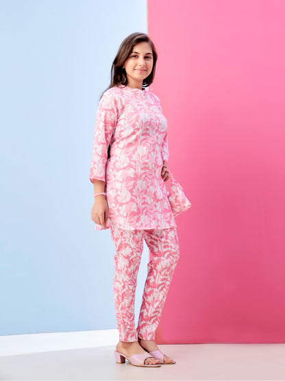 Aarika Girls Casual Wear Pink Colour Floral Print Polyester Co-ord Set-8-15 Years (KP-TR-K-967)