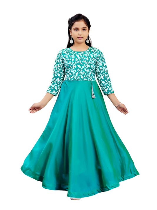 Aarika Girls Turquoise Colour Chicken Embroidery Silk Gown (3-9 Years)