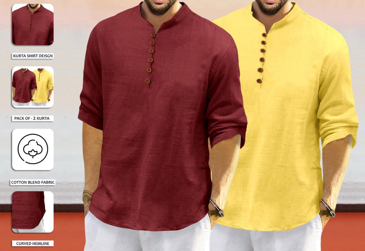 Royalscout MenS Cotton Polyester Blend Solid Regular Fit Full Sleeve Short Kurta | Ethnic, Lightweight Summer Kurta For Daily &