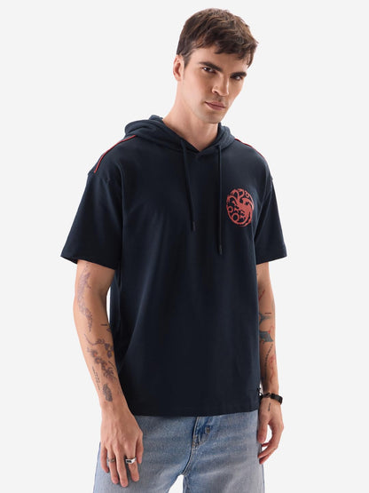 The Souled Store Official House of The Dragon: Caraxes Men and Boys Navy and Red Graphic Print Short Sleeve Hooded Neck 100% Cot