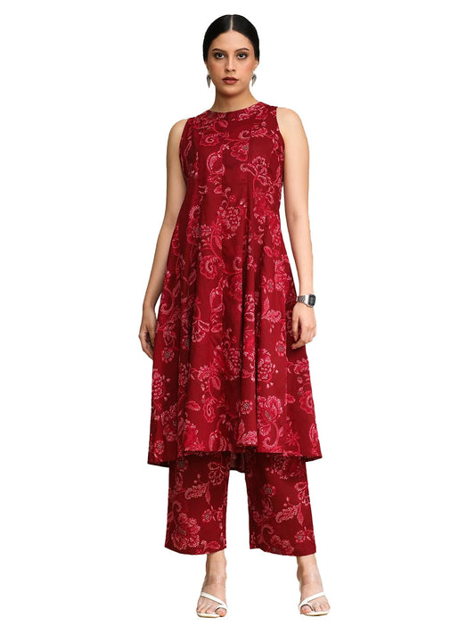 Varanga Floral Printed Halter Neck Anarkali Kurta With Trouser