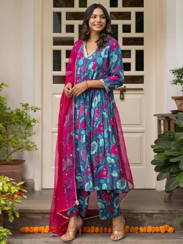 Pinkmint Women Cotton Blend Floral Printed Kurta With Pant & Dupatta