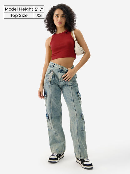 The Souled Store Solids: Lipstick Red Women & Girls Round Crew Neck Sleeveless Ribbed Crop Tank Tops