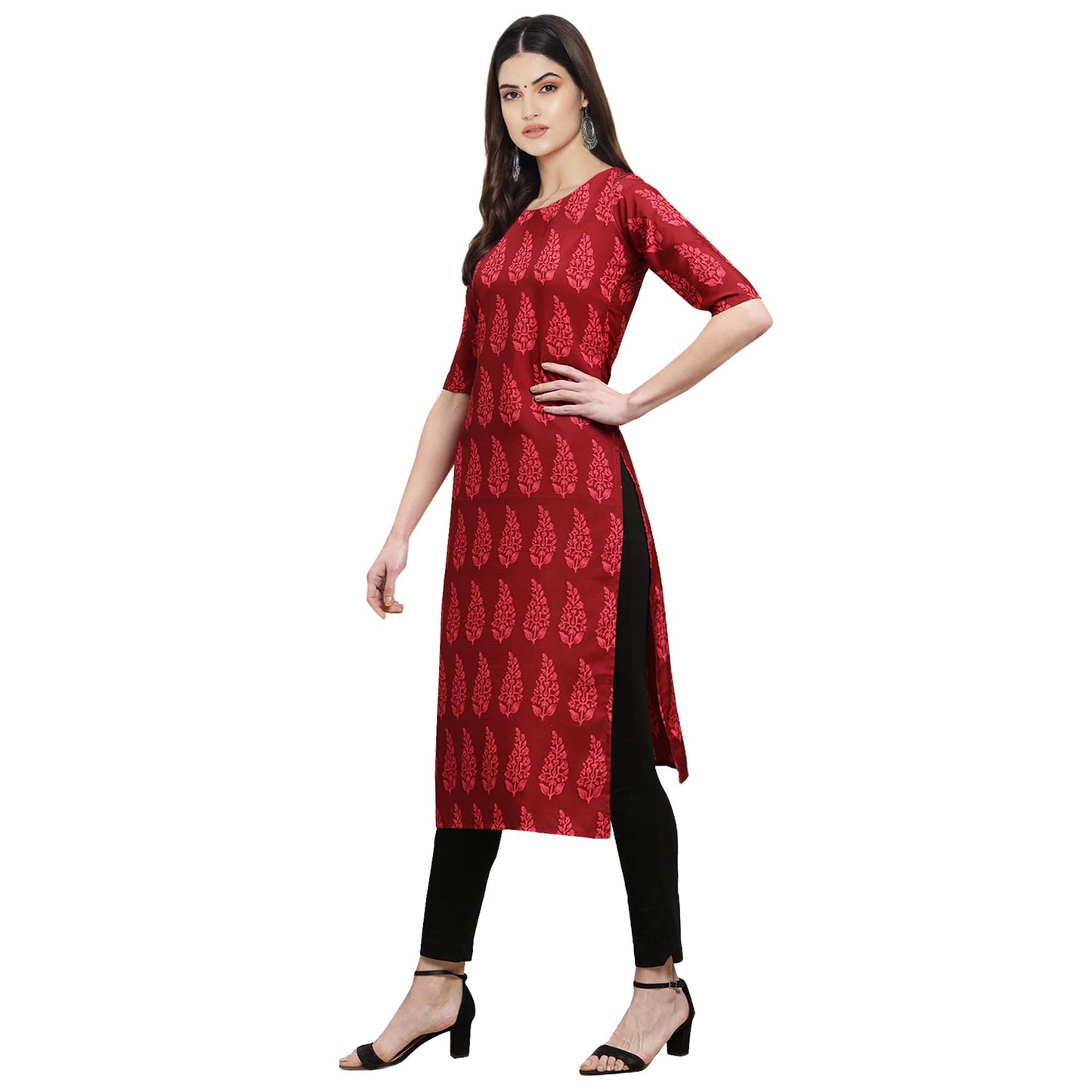 Pinkmint Women's Crepe Maroon Color Floral Digital Printed Straight Kurti [F-530337]