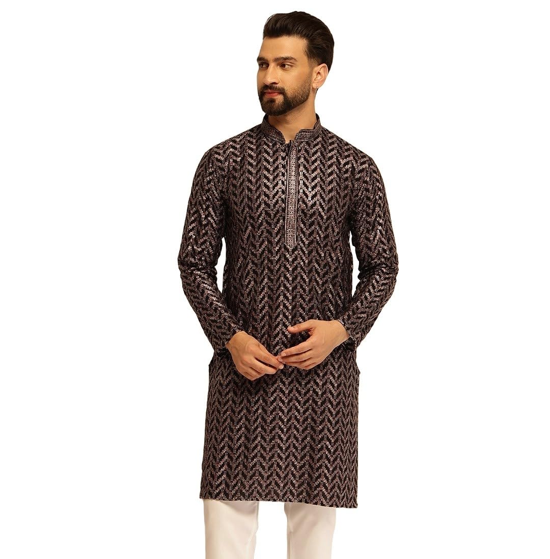 SOJANYA (Since 1958 Men's Cotton Embroidered Printed Black Only Long Kurta