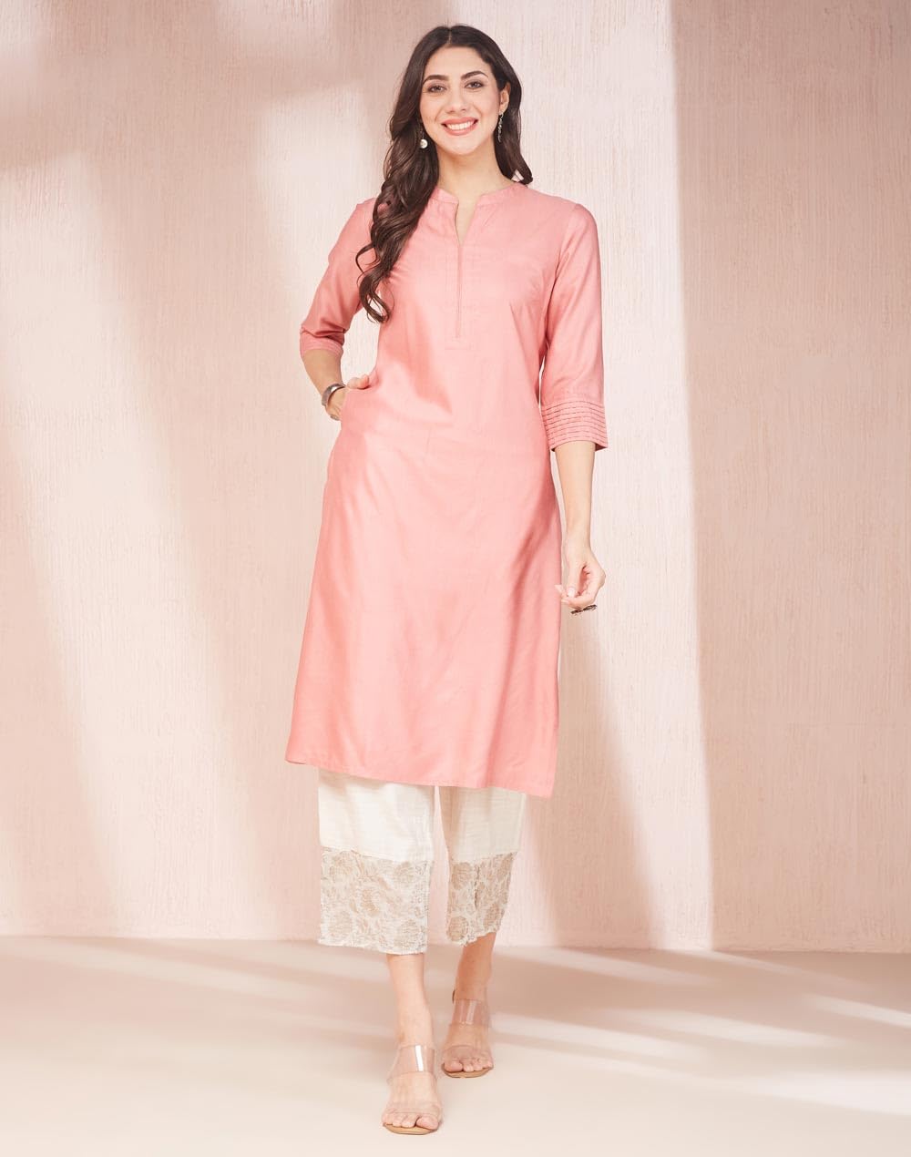 Fabindia WomenS Viscose Silk Solid Regular Kurta (1038026Peach_Peach