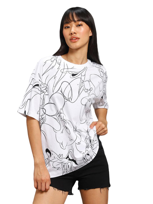 Bewakoof Womens All Over Printed 100% Cotton T-Shirt Oversized Fit,Round Neck, Half Sleeve_580370_White_XS