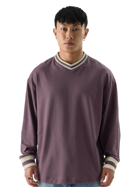 The Souled Store Solids: Mauve Men and Boys 100% Cotton V-Neck Oversized Fit Full Sleeve T-Shirts Oversized Mens T-Shirts Solid