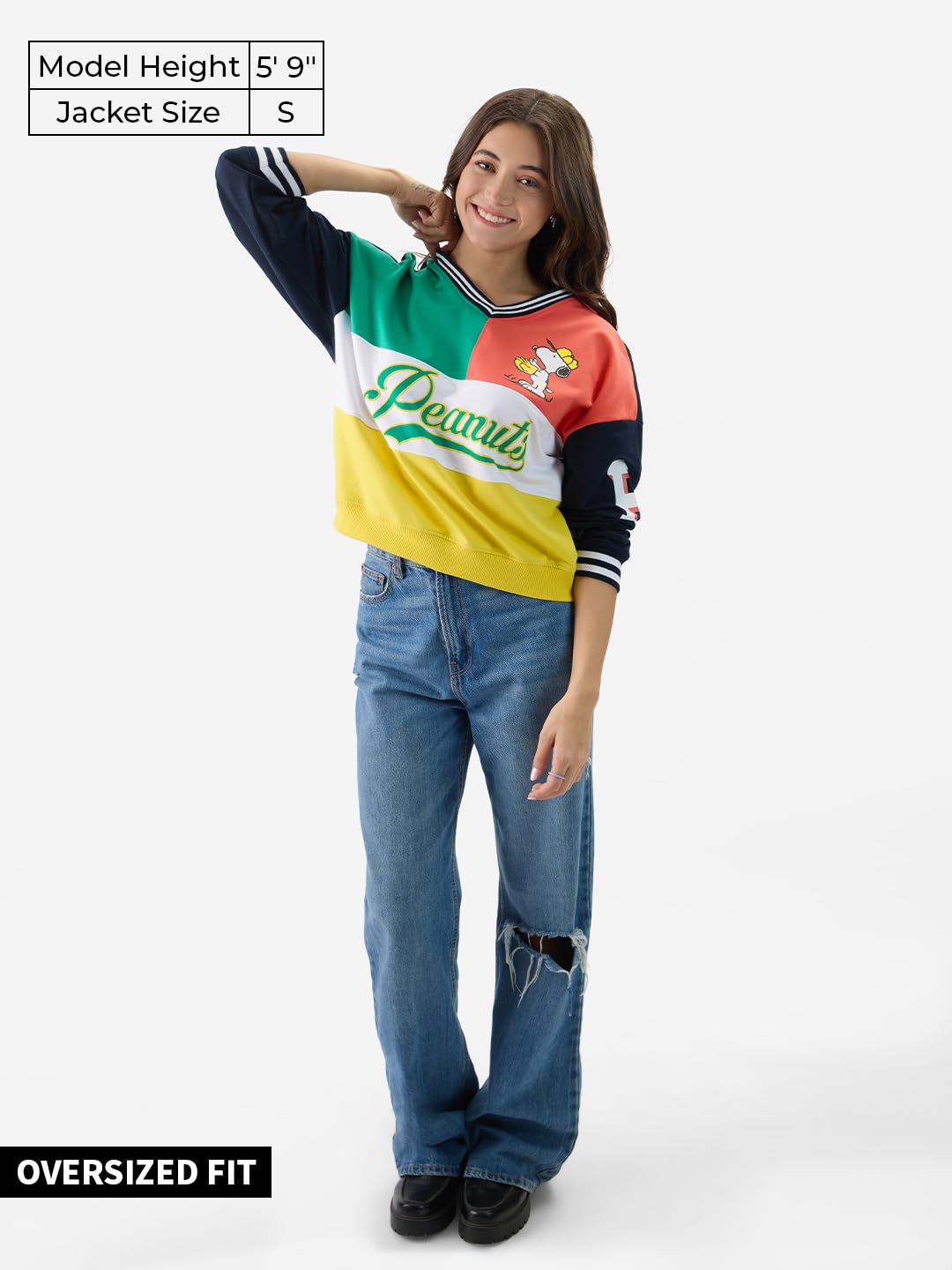 The Souled Store Official Peanuts: Baseball Women and Girls Long Sleeves V Neck Multicolor Graphic Printed Cotton Blend Oversize