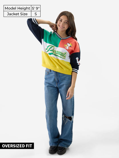 The Souled Store Official Peanuts: Baseball Women and Girls Long Sleeves V Neck Multicolor Graphic Printed Cotton Blend Oversize