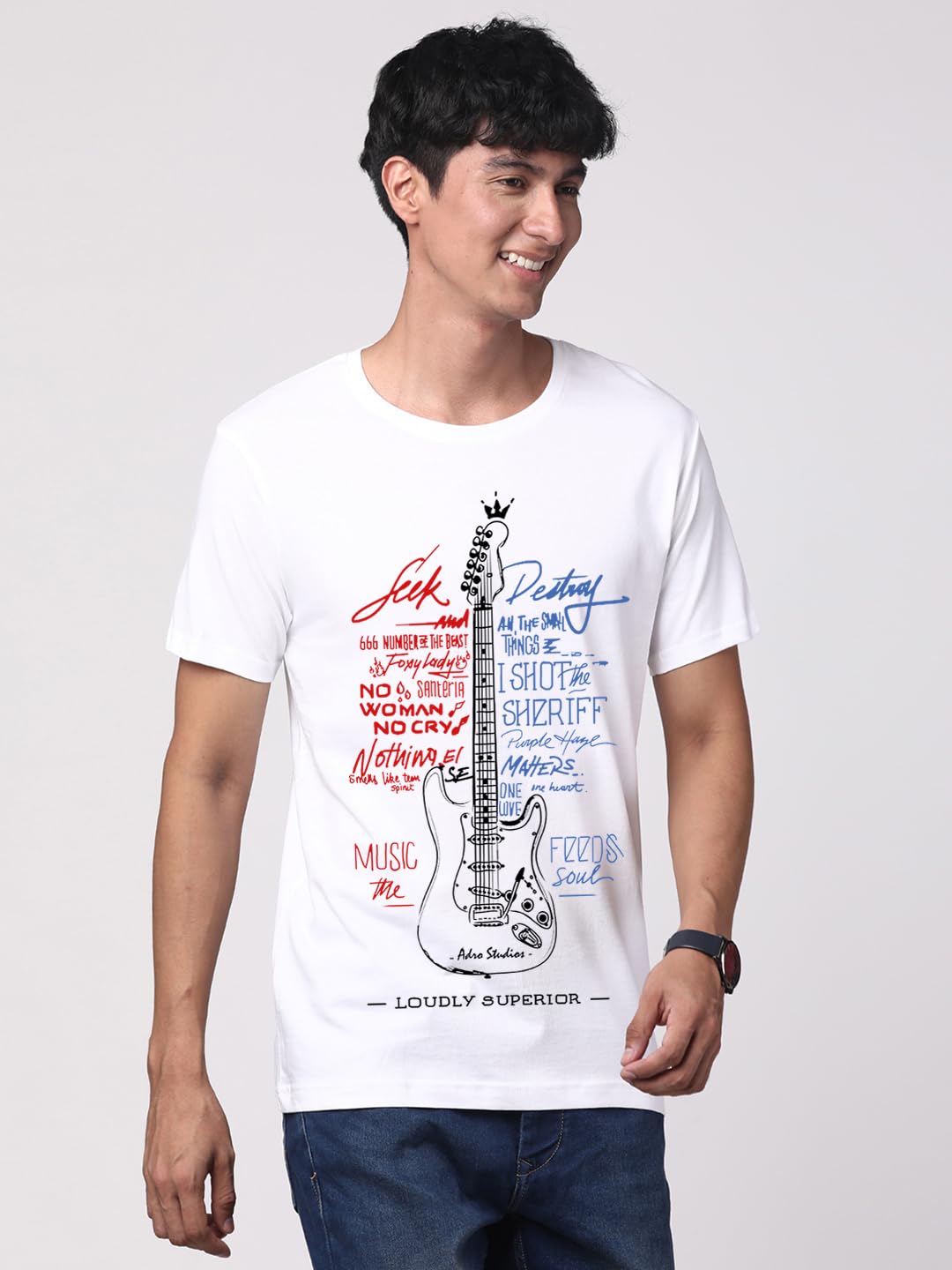 ADRO Guitar Design Printed T-Shirt for Men - 100% Cotton, Regular Fit, Soft Breathable Fabric. (RN23-M-GTR-WH_White)