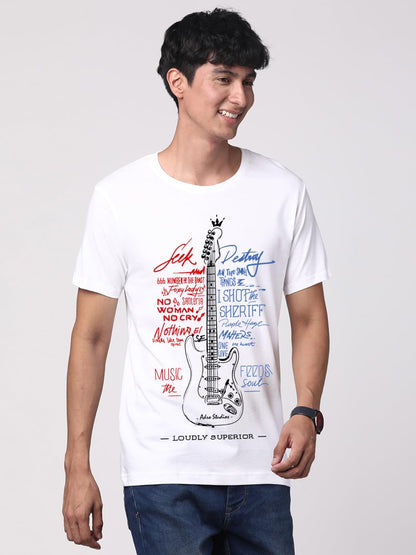 ADRO Guitar Design Printed T-Shirt for Men - 100% Cotton, Regular Fit, Soft Breathable Fabric. (RN23-M-GTR-WH_White)