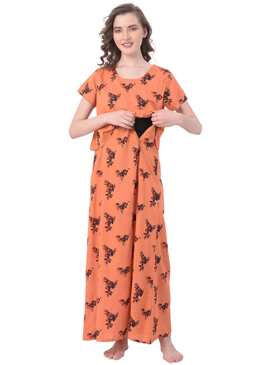Clovia Womens Crepe Floral Floor Length Nighty (NS1349P16M_Orange_M)