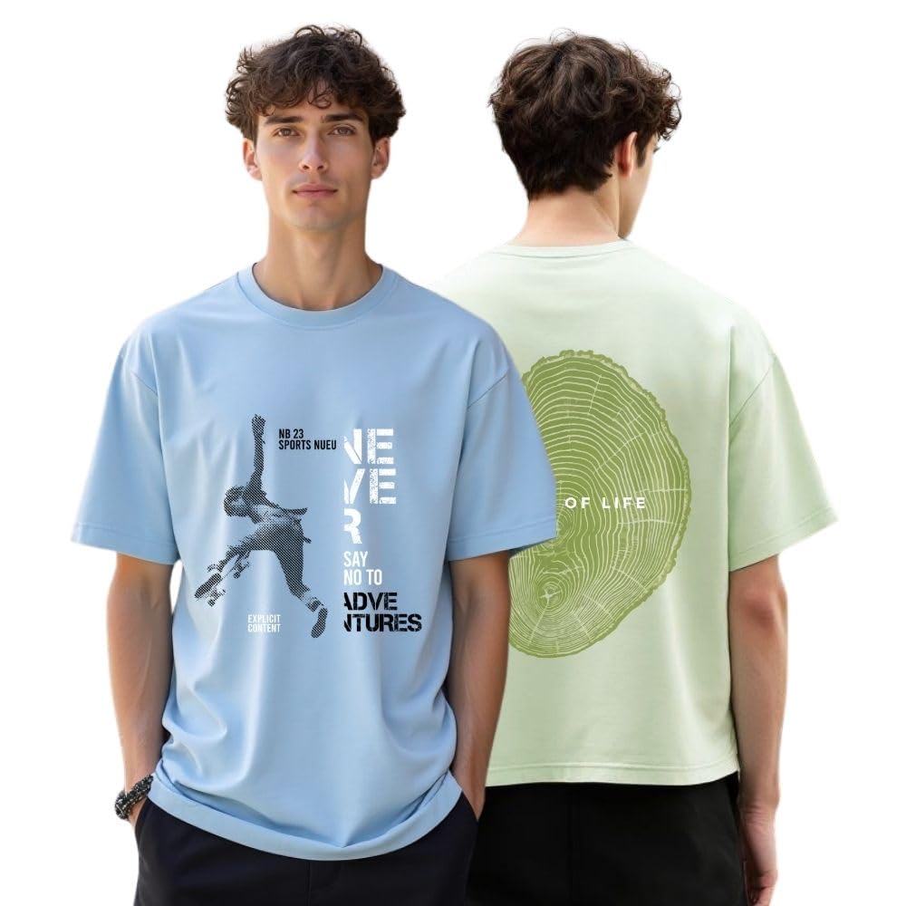 Nobero MenS Graphic Print Oversized Fit T-Shirt (1M-Twts-C0933-X_Powder Blue/Aloe Green