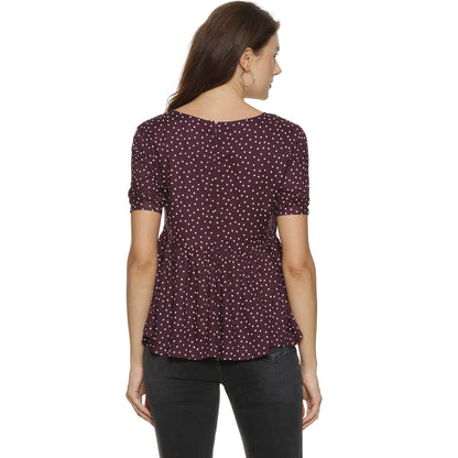 Campus Sutra Womens Maroon Polka Dot Print Top for Casual Wear | Crew Neck | Short Sleeve | Polyester Top Crafted with Regular