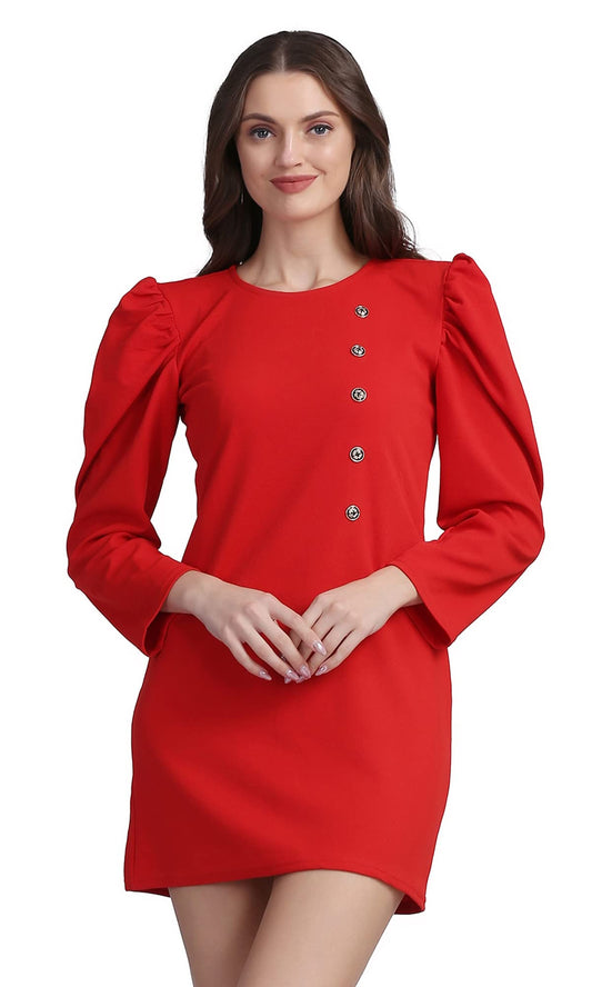 Shasmi WomenS Comfortable Red Round Neck Full Sleeve Solid Midi Bodycon Casual Western Stylish Dress For Womens/Midi Dress For