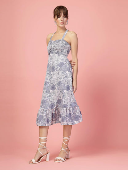 Oomph! WomenS Western & Fusion Wear Printed Crepe Dress For Women, Smocked Bodice, Blue - Md1059