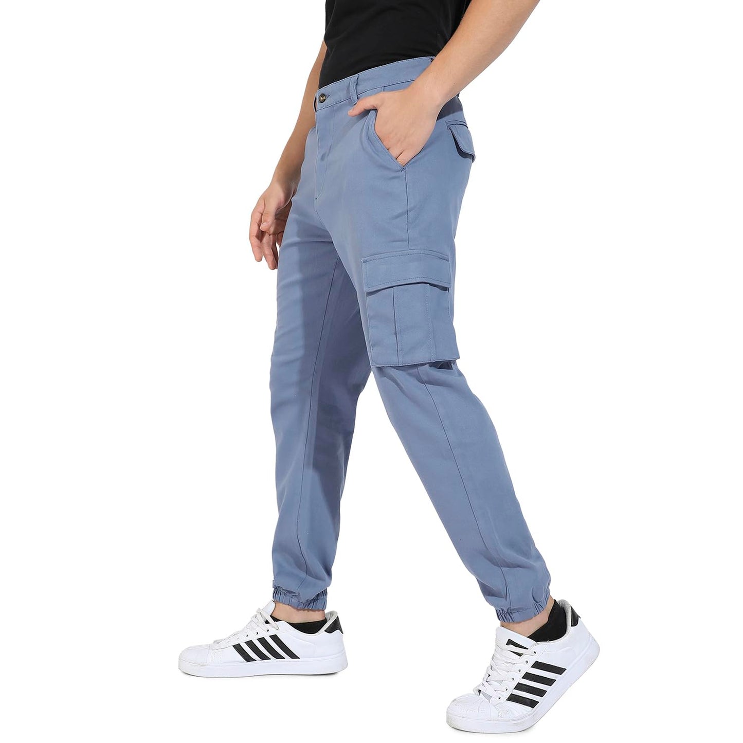 Campus Sutra Mens Blue Cuffed Hem Cargo Trousers for Casual Wear | 6 Pockets | Regular Fit | Button Closure | Cotton Poly Cargo