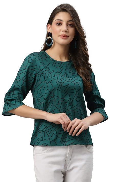 Style Quotient Women Bottle Green and Black Abstract Printed Polyester Smart Casual Top