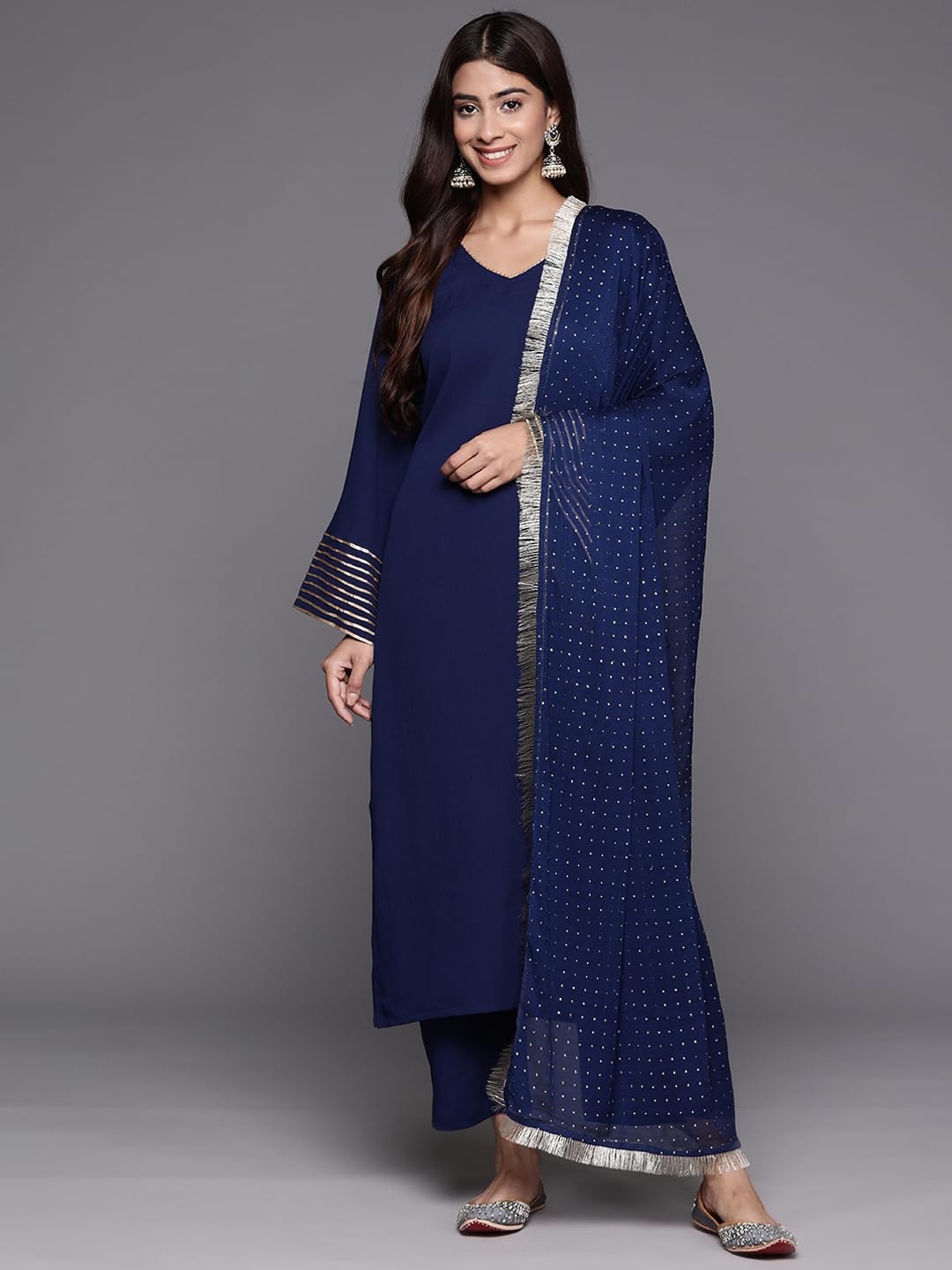 Varanga Women Navy Blue Solid V-Neck Embellished With Gota Straight Kurta Paired With Tonal Bottom And Dupatta  Elegant Ethnic W