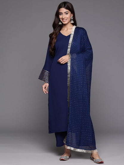 Varanga Women Navy Blue Solid V-Neck Embellished With Gota Straight Kurta Paired With Tonal Bottom And Dupatta  Elegant Ethnic W